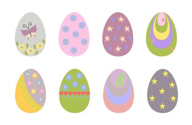 Paskalya yumurtası koleksiyonu rengarenk renklerle süslenmiş bayram sembolü, bahar kutlamaları için düz stil el çizimi vektör çizimi dekor, tebrik kartları, davetiyeler, afişler, web tasarımı