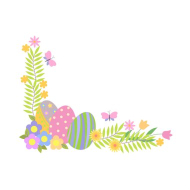 Paskalya yumurtası, çiçekler, yapraklar, kelebek süslemeli bayram köşesi düzenleme, bahar kutlaması dekorasyonu için el çizimi vektör çizimi, tebrik kartları, davetiyeler, afişler, web tasarımı