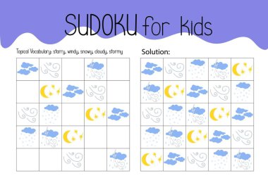 Hava durumu sudoku eğitim oyunu eğlence aktivitesi çalışma çizelgesi vektör illüstrasyonu, kayıp resimleri doldurmak için yazdırılabilir ızgara, doğa ortamı güncel sözcük dağarcığı, çözüm bulmacası, öğretmen kaynakları
