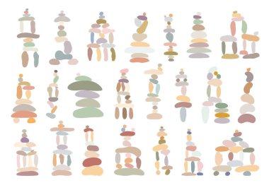 Zen taşı cairns, dengeyi, ahengi, meditasyonu, refah, spa, rahatlama, farkındalık için mükemmel minimalist konsepti, barışçıl yaşam tarzını sembolize eden basit el çizimi klipsyon parçalarını ayarlar.
