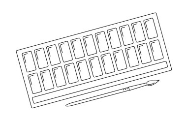 Resim kutuları ve fırça malzemeleri basit el çizimi çizimleri, çocukların resim malzemeleri, okul sabit nesneleri, okul konseptine geri dönüş, hobi için resim araçları, el işi, resim, resim.