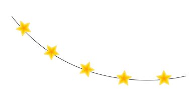 Noel renkli parlak sarı yıldız ışıkları kıvırcık telli çelenk basit karalama el çizimi vektör illüstrasyonu, kışın yeni yıl tatili için düz stil karikatür resmi, doğum günü olayları tasarımı