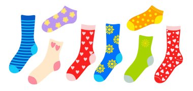 Sıcak örgü çoraplar konforlu sonbahar ya da sonbahar giysileri çizim el çizimi, yün ya da pamuk ayakkabılar çeşitli takılar, mevsimsel temalı tasarım, dekor için moda aksesuarlar