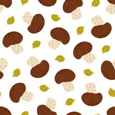 Mantar, yapraklar pürüzsüz desen, mevsimsel düşüş, sonbahar el çizimi basit vektör çizimi, minimalist menü tasarımı için sağlıklı vejetaryen diyet malzemesi, sonbaharın sembolü.