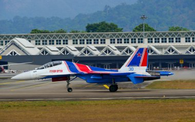 Langkawi, Malaysia - Mar 30, 2019. Su-30SM fighter jet belonging to the Russian Knights aerobatic demonstration team performing at Langkawi Airport.