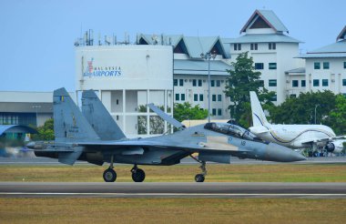 Langkawi, Malaysia - Mar 30, 2019. Royal Malaysian Air Force (TUDM M52-18) Sukhoi SU-30 MKM landing at Langkawi Airport (LGK).