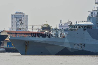 Saigon, Vietnam - Feb 11, 2023. The British Royal Navy offshore patrol HMS Spey is sailing on the Saigon River (Ho Chi Minh City), after a friendship visit to Vietnam.