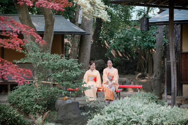 Tokio Japan April 2019 Japanische Frauen Traditionellen Kimono Sitzen Park — Stockfoto