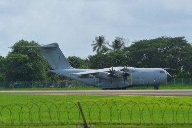 Langkawi, Malezya - 28 Mayıs 2023. Malezya Kraliyet Hava Kuvvetleri (RMAF) Airbus A400M Atlas M54-03 Langkawi Havaalanı (LGK), Malezya.