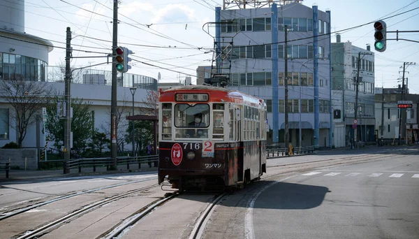 stock image Hakodate, Japan - Apr 27, 2023. Vintage tram running on the streets of Hakodate, Hokkaido, Japan.