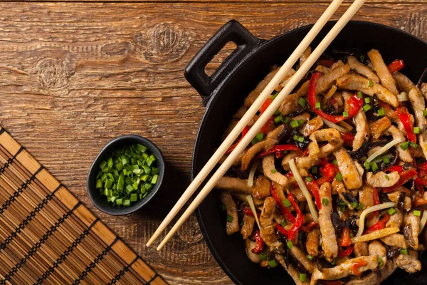 Pork Chop Peppers Mushrooms Bamboo Served Rice Top — Stock Photo, Image