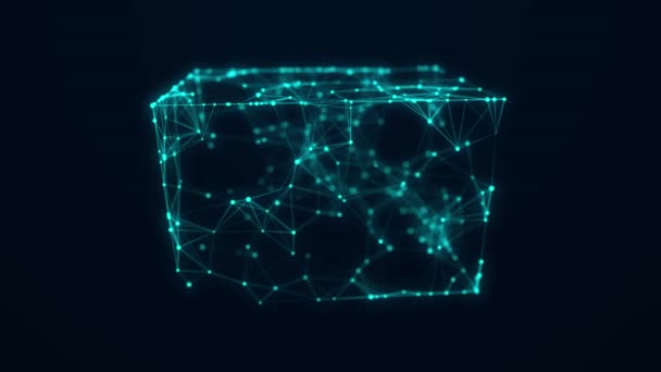 Cubo Azul Abstracto Con Puntos Conexión Líneas Visualización Macrodatos Concepto — Vídeo de stock