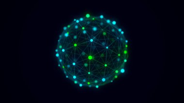 Noktaları ve çizgileri birleştiren soyut mavi küre. Kablo çerçeve teknoloji küresi. Büyük veri görselleştirmesi. 3d oluşturma.