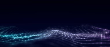 Parçacıkların müzik dalgası. Büyük veri görselleştirmesi. Dinamik dalgalı soyut mavi arkaplan. 3d oluşturma.