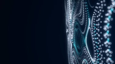 Parçacıkların müzik dalgası. Büyük veri görselleştirmesi. Dinamik dalgalı soyut mavi arkaplan. 3d oluşturma.