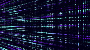 Gelecekçi mavi noktalar arka planı. Soyut arıza geçmişi. Doku, ikili kodu bozdu. Parlayan parçacıkların teknolojisi. Yapay zeka. Büyük veri görselleştirmesi. Vektör illüstrasyonu.