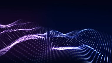 Parçacıkların müzik dalgası. Büyük veri görselleştirmesi. Dinamik dalgalı soyut mavi arkaplan. Vektör illüstrasyonu.