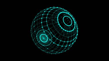 Noktaları ve çizgileri birleştiren soyut mavi küre. Kablo çerçeve teknoloji küresi. Büyük veri görselleştirmesi. Vektör illüstrasyonu.