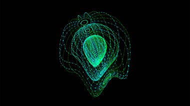 Noktaları ve çizgileri arıza efektiyle birleştiren soyut yeşil küre kablo çerçeve teknoloji küresi. Büyük veri görselleştirmesi. Vektör illüstrasyonu.