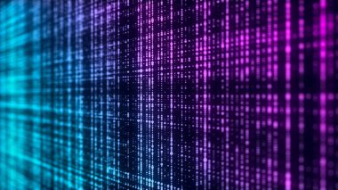 Gelecekçi mavi noktalar arka planı. Soyut arıza geçmişi. Yozlaşmış ikili kod. Parlayan parçacıkların teknolojisi. Yapay zeka. Büyük veri görselleştirmesi. 3d oluşturma.