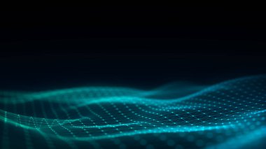 Parçacıkların ve çizgilerin müzik renk dalgası. Büyük veri görselleştirmesi. Dinamik dalgalı soyut mavi arkaplan. 3d oluşturma.