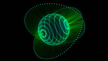 Noktaları ve çizgileri birleştiren soyut yeşil küre. Patlama etkisiyle kablo çerçeve teknolojisi küresi. Büyük veri görselleştirmesi. 3d oluşturma.