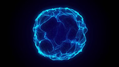 Noktaları birleştirilmiş soyut mavi küre. Parçacıklardan oluşan tel çerçeve küresi. Büyük veri görselleştirmesi. 3d oluşturma.