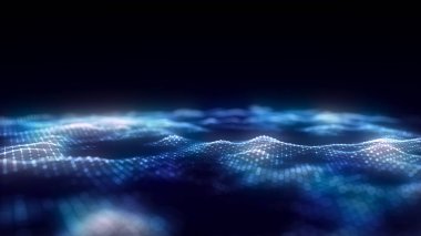 Parçacıkların ve çizgilerin müzik renk dalgası. Büyük veri görselleştirmesi. Dinamik dalgalı soyut mavi arkaplan. 3d oluşturma.