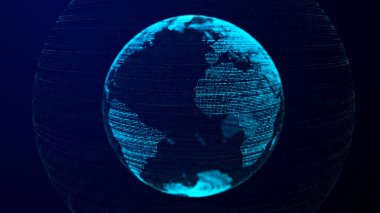 Küresel dünya ağı konsepti. Güvenli kablosuz ağ bağlantısı teknolojisi. Büyük veri analizi ve görselleştirme. Mavi Gezegen Dünya 'nın bilim geçmişi. 3B görüntüleme.