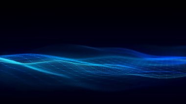 Parçacık ve çizgi dalgaları. Büyük veri görselleştirmesi. Dinamik bir dalga ile soyut renk arkaplanı. 3d oluşturma.