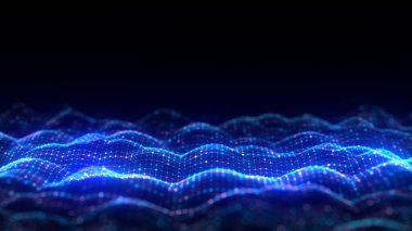 Parçacıkların ve çizgilerin müzik renk dalgası. Büyük veri görselleştirmesi. Dinamik dalgalı soyut mavi arkaplan. 3d oluşturma.