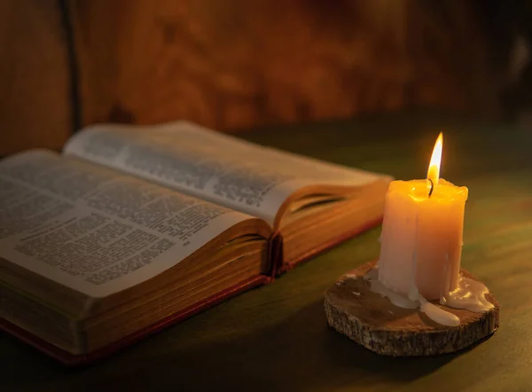 Bible Lit Candle Religion Message Concept — Stok Foto
