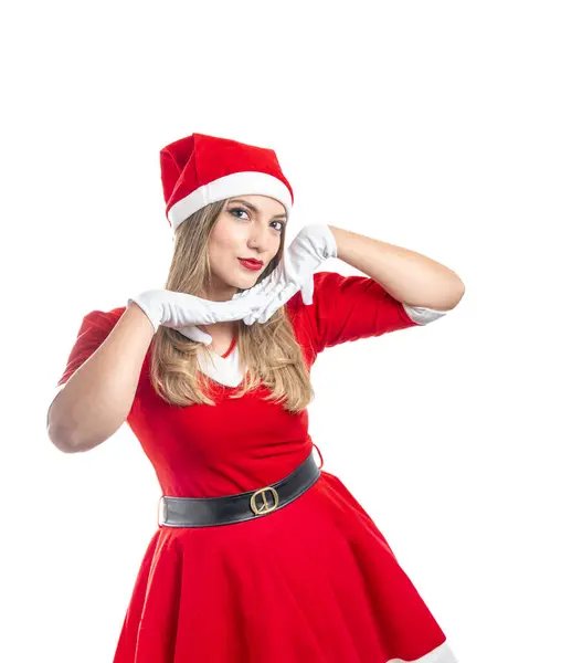 Portrait Young Blonde Latin Woman Dressed Santa Claus Looking Camera Stock Picture