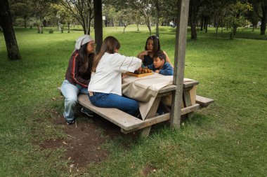 Aile üyeleri yemyeşil bir parkta piknik masasında satranç oynuyorlar.