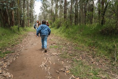 Bereketli bir ormanda yürüyüş sırasında aile üyelerine doğru koşan mutlu çocuk.