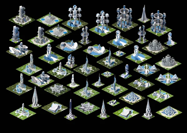 Futuristic city architecture with square-grid tiled structures for science fiction games, rendered in isometric projection. The clipping path is included in the 3d illustration.