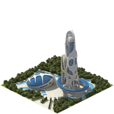 Dimetrik projeksiyonla hazırlanmış kare kareli bir oyun için gelecekçi peyzaj mimarisi. Kırpma yolu 3B illüstrasyonda yer alır.