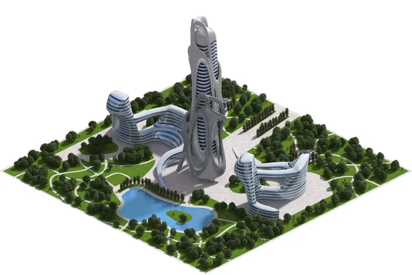 Ilustracja Futurystycznego Miasta Architekturą Krajobrazu Przedstawionego Projekcji Izometrycznej Aparatem Ortograficznym — Zdjęcie stockowe