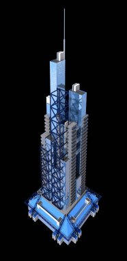 Resme eklenen izolasyon yolu ile oluşturulan 3B fütüristik şehir mimarisi.