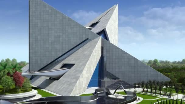 Futuristic Origami Shaped Architecture Building Showing Interlocked Triangular Glass Steel — Stock Video