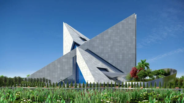 Futuristická Architektonická Ilustrace Budovou Tvaru Origami Zobrazující Vzájemně Propojené Trojúhelníkové — Stock fotografie