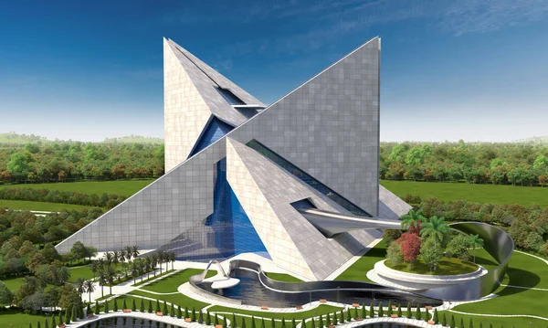 Futuristická Architektura Ilustrace Vzdušného Pohledu Propojenými Pyramidálními Betonovými Konstrukcemi — Stock fotografie