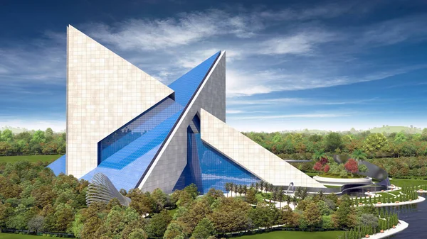 Letecký Pohled Ilustrace Futuristické Budovy Propojenými Trojúhelníkovými Konstrukcemi Betonu Skla — Stock fotografie