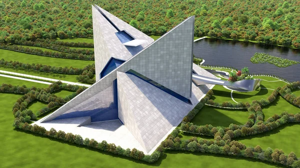 Futurisztikus Építészet Légi Szemléltetése Összekapcsolt Piramisbeton Szerkezetekkel — Stock Fotó