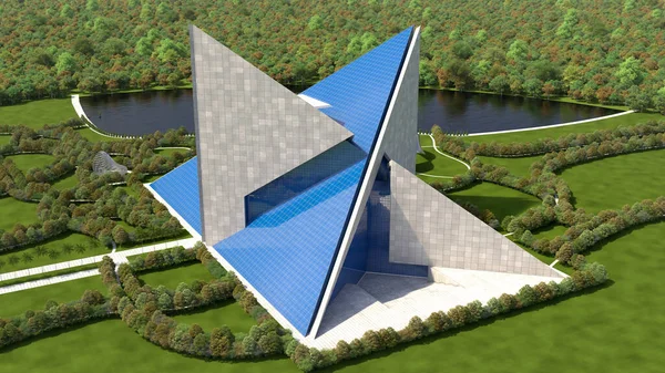 Futurisztikus Építészet Légi Szemléltetése Beton Üveg Összekapcsolt Háromszög Alakú Struktúráival — Stock Fotó