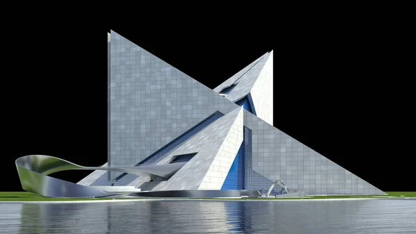 Arquitetura Futurista Com Estruturas Triangulares Entrelaçadas Concreto Vidro Isoladas Preto — Fotografia de Stock