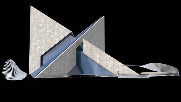 Siyahta Izole Edilmiş Beton Camla Kenetlenmiş Üçgen Yapılara Sahip Gelecekçi — Stok fotoğraf