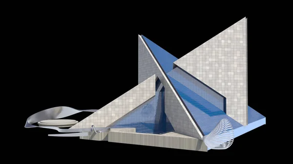 Futuristická Architektura Betonem Sklem Prokládanými Trojúhelníkovými Konstrukcemi Izolovanými Černém Oříznutou — Stock fotografie
