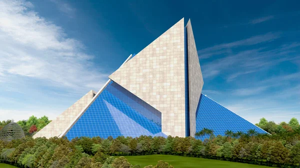 Futurisztikus Építészet Illusztráció Légi Szempontból Összekapcsolt Piramis Beton Szerkezetek — Stock Fotó