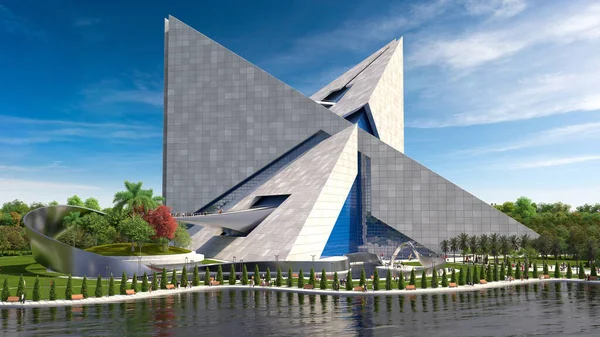 Futuristische Architectuur Illustratie Met Een Origami Vormig Gebouw Met Onderling — Stockfoto